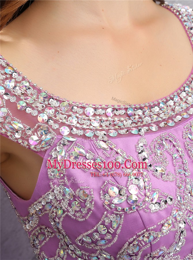 Excellent Lilac A-line Scoop Sleeveless Tulle Mini Length Zipper Beading Prom Gown