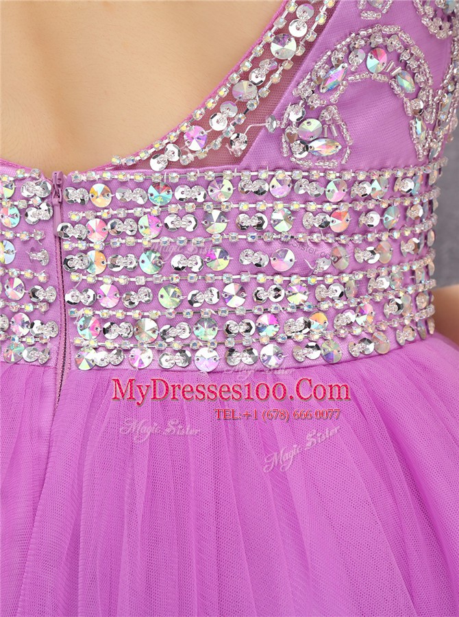 Excellent Lilac A-line Scoop Sleeveless Tulle Mini Length Zipper Beading Prom Gown