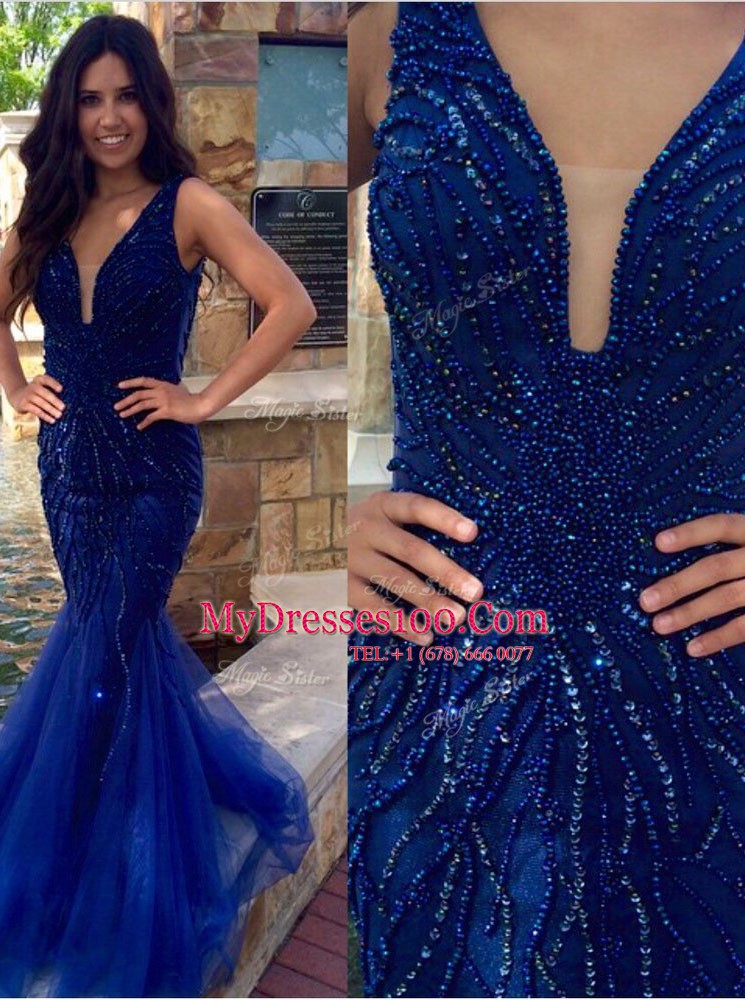 Most Popular Mermaid Sequins Evening Dress Royal Blue Zipper Sleeveless Floor Length