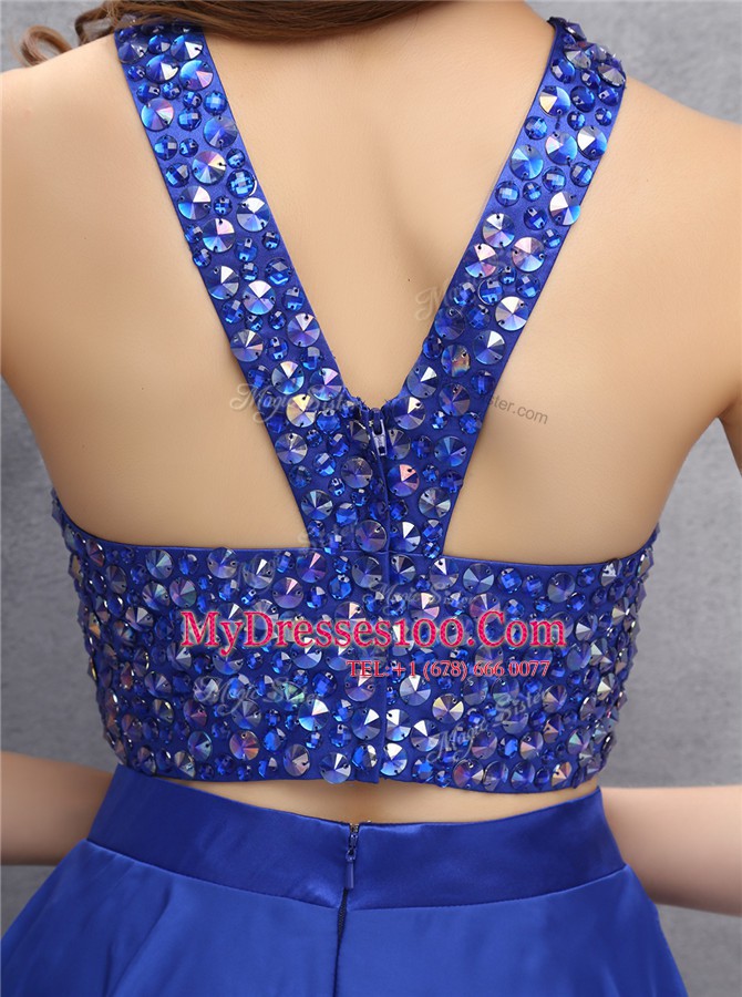 Charming Halter Top Sleeveless Zipper Dress for Prom Royal Blue Chiffon