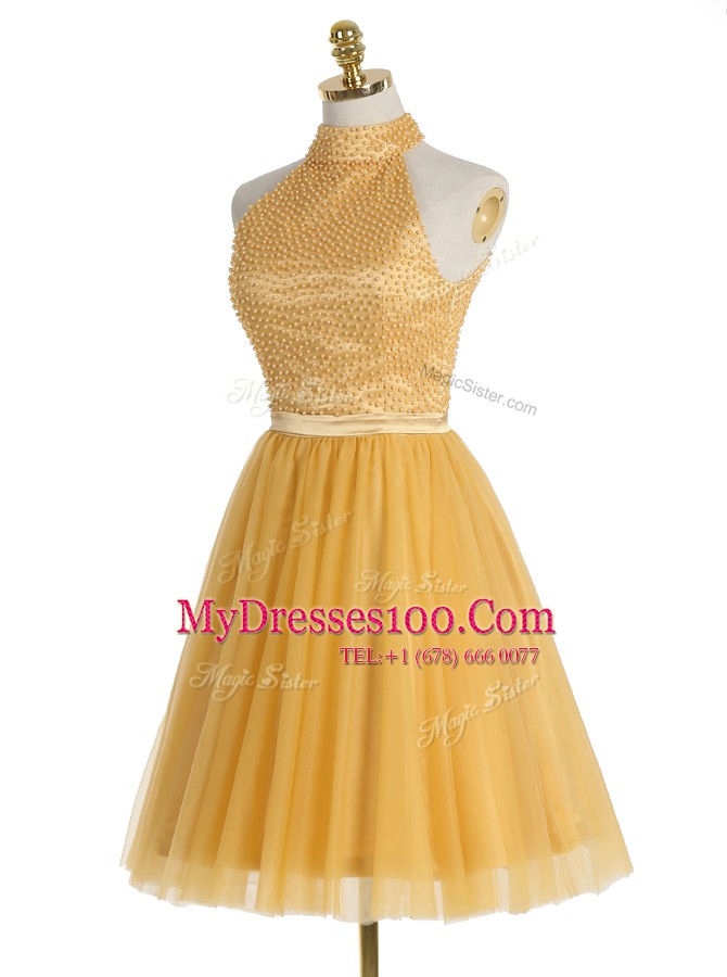 Gold High-neck Zipper Beading Homecoming Dress Sleeveless