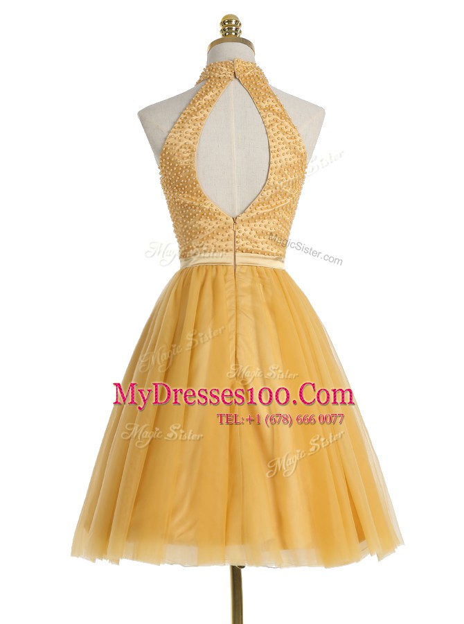 Gold High-neck Zipper Beading Homecoming Dress Sleeveless