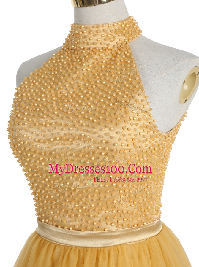 Gold High-neck Zipper Beading Homecoming Dress Sleeveless