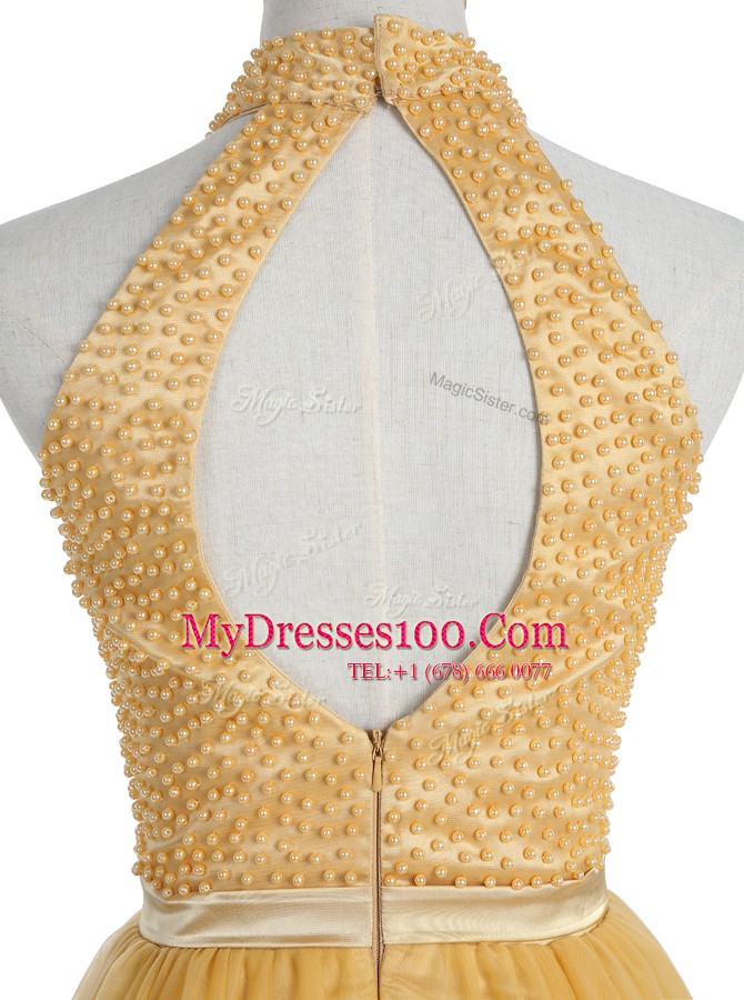 Gold High-neck Zipper Beading Homecoming Dress Sleeveless