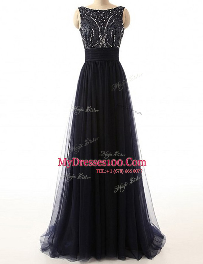 Romantic Black A-line Beading Evening Gowns Backless Tulle Sleeveless With Train