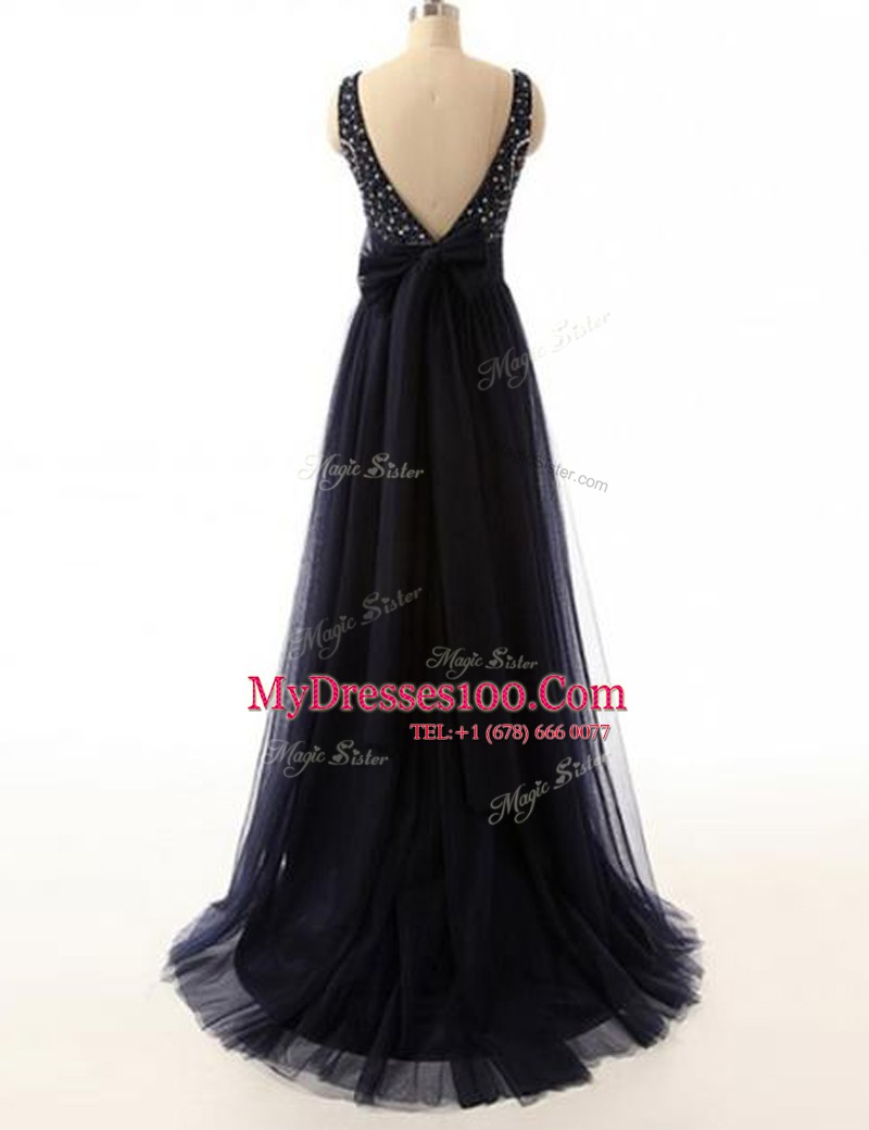 Romantic Black A-line Beading Evening Gowns Backless Tulle Sleeveless With Train