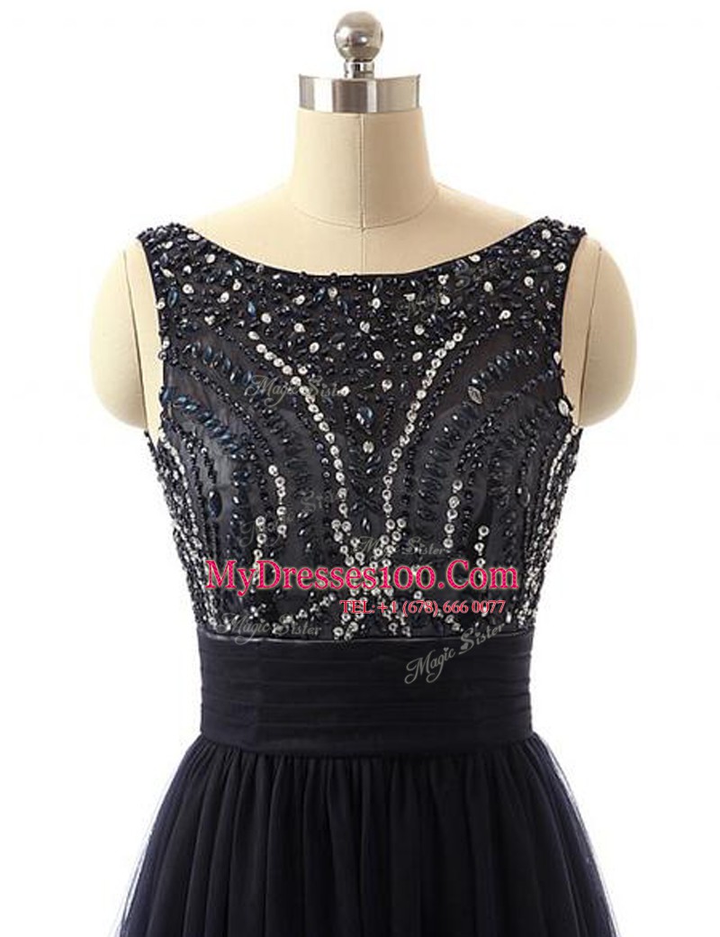 Romantic Black A-line Beading Evening Gowns Backless Tulle Sleeveless With Train