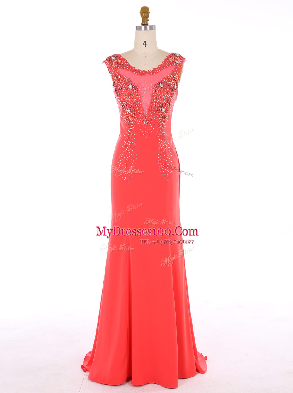 Sumptuous Mermaid Scoop Sleeveless Evening Dresses Brush Train Beading Watermelon Red Chiffon