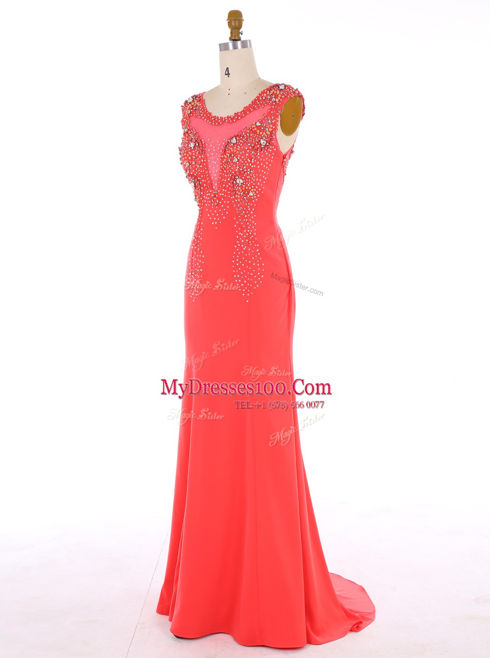 Sumptuous Mermaid Scoop Sleeveless Evening Dresses Brush Train Beading Watermelon Red Chiffon