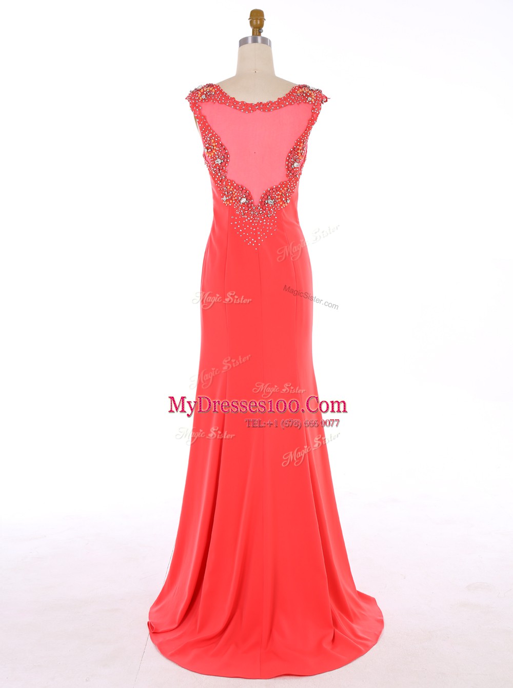 Sumptuous Mermaid Scoop Sleeveless Evening Dresses Brush Train Beading Watermelon Red Chiffon