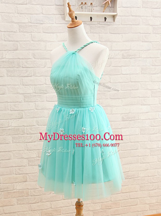 Glittering Straps Aqua Blue Tulle Lace Up Homecoming Dress Sleeveless Mini Length Hand Made Flower