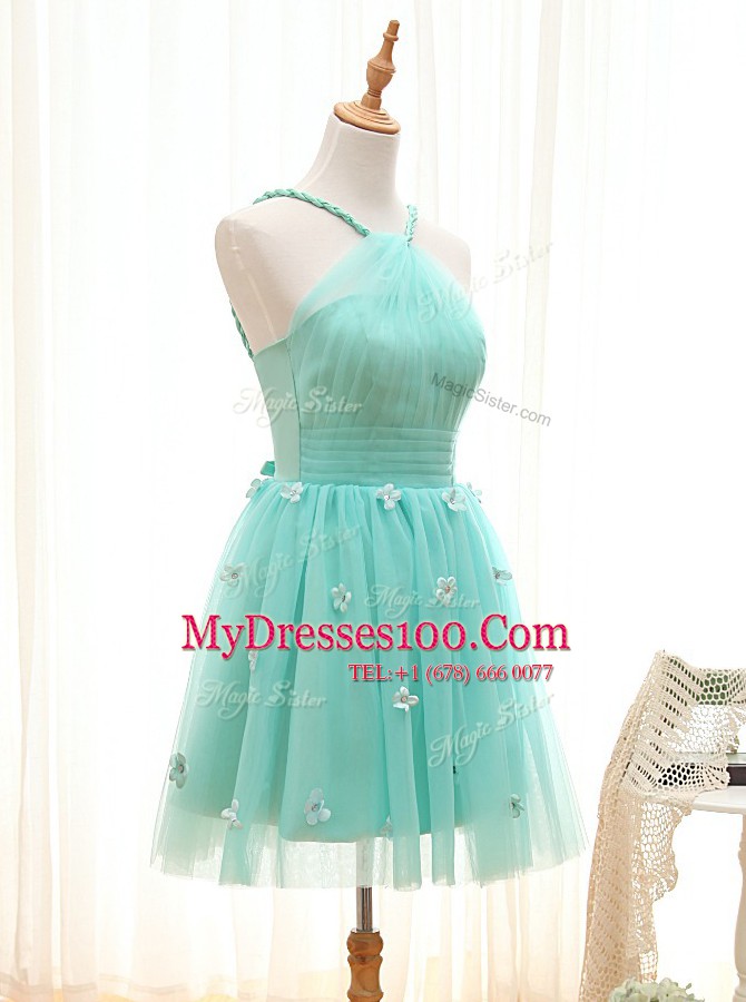 Glittering Straps Aqua Blue Tulle Lace Up Homecoming Dress Sleeveless Mini Length Hand Made Flower