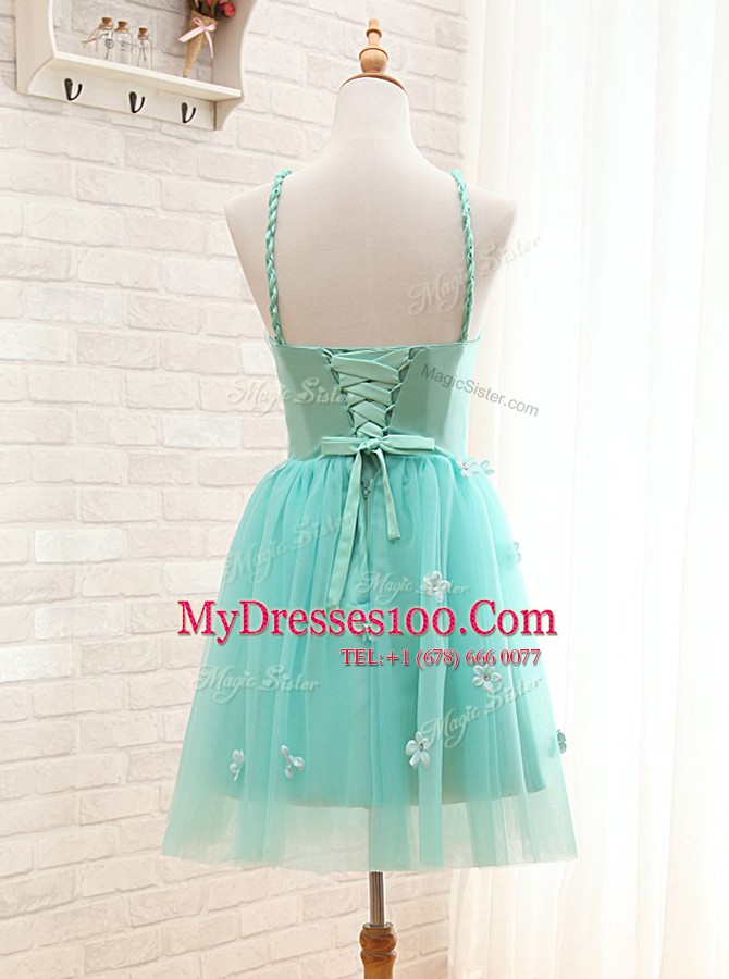 Glittering Straps Aqua Blue Tulle Lace Up Homecoming Dress Sleeveless Mini Length Hand Made Flower
