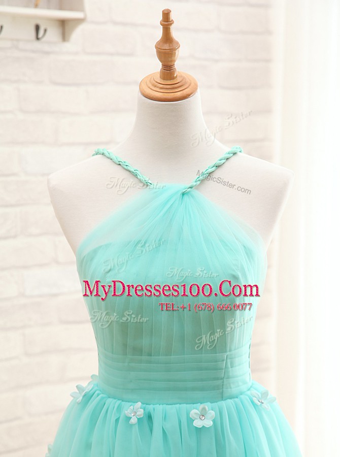 Glittering Straps Aqua Blue Tulle Lace Up Homecoming Dress Sleeveless Mini Length Hand Made Flower