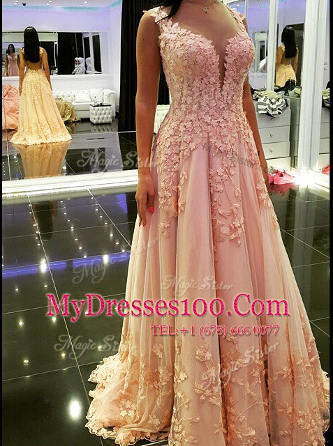 Admirable V-neck Sleeveless Tulle Evening Dress Appliques Backless