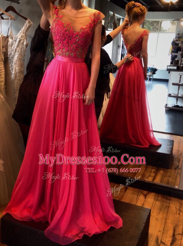 Fitting Scoop Sleeveless Zipper Floor Length Appliques Prom Gown