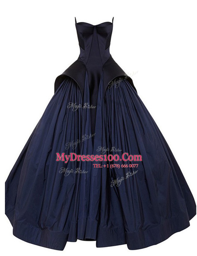 Ruching Evening Dress Navy Blue Zipper Sleeveless Floor Length