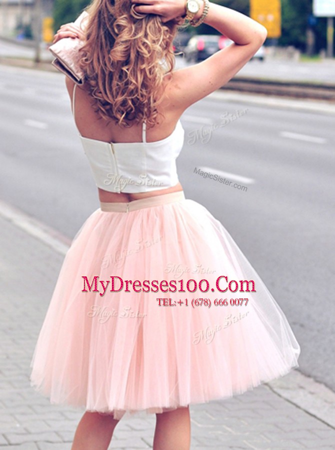 Deluxe Sleeveless Mini Length Ruffles Zipper Teens Party Dress with Pink And White