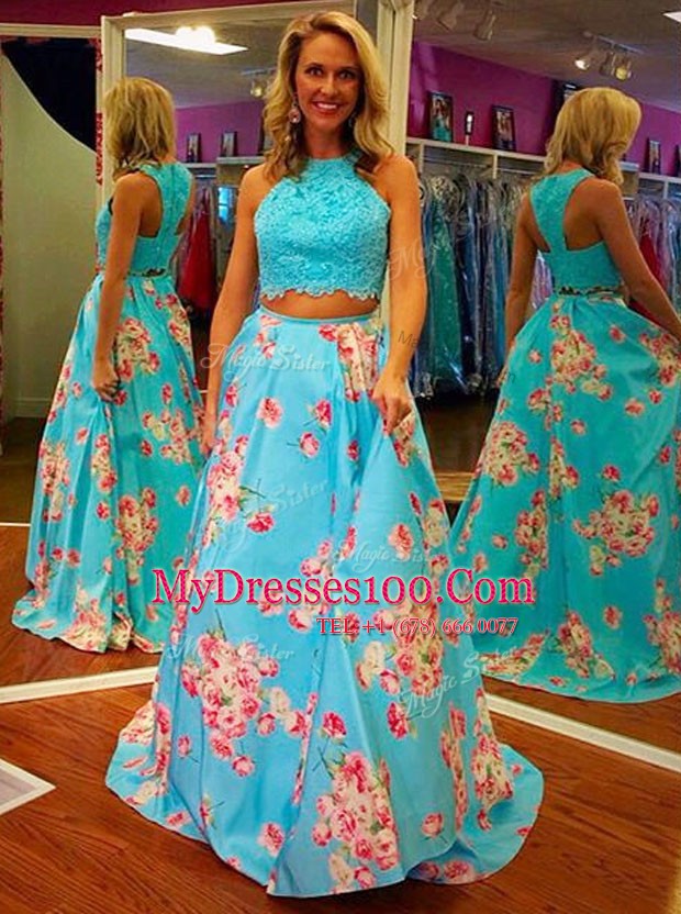 Top Selling Blue Satin Zipper Halter Top Sleeveless Floor Length Homecoming Dress Beading and Appliques and Pattern
