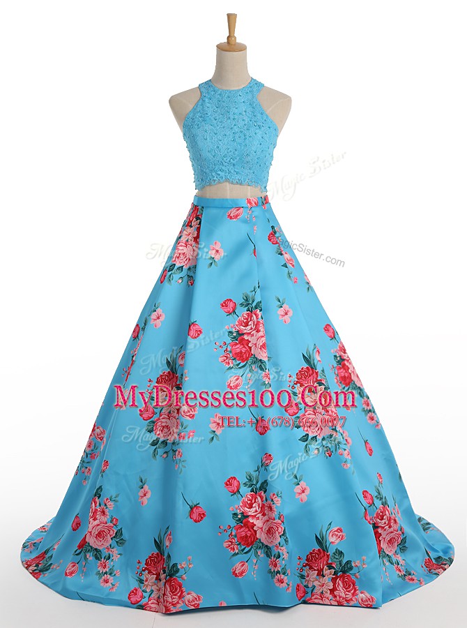 Top Selling Blue Satin Zipper Halter Top Sleeveless Floor Length Homecoming Dress Beading and Appliques and Pattern
