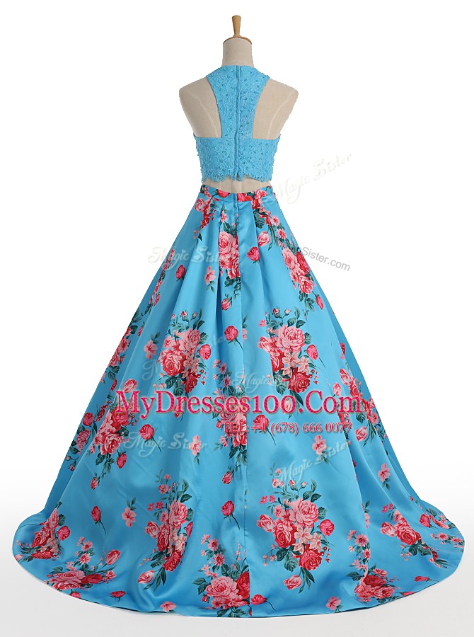 Top Selling Blue Satin Zipper Halter Top Sleeveless Floor Length Homecoming Dress Beading and Appliques and Pattern