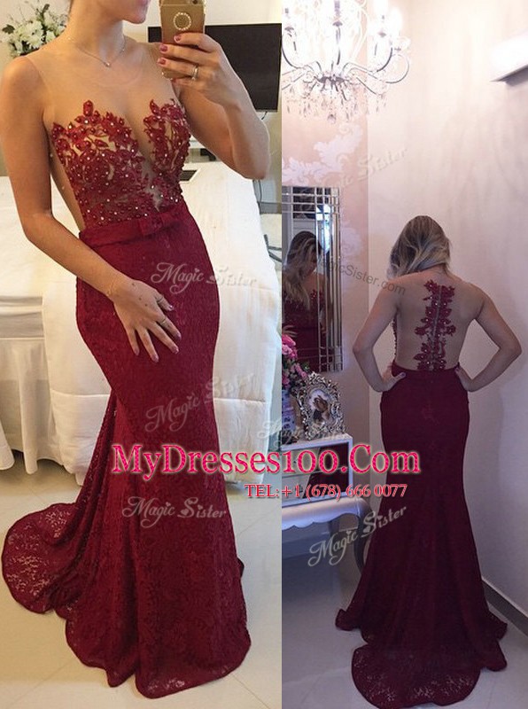 Mermaid Scoop Sleeveless Court Train Beading and Appliques and Bowknot Zipper Dress for Prom
