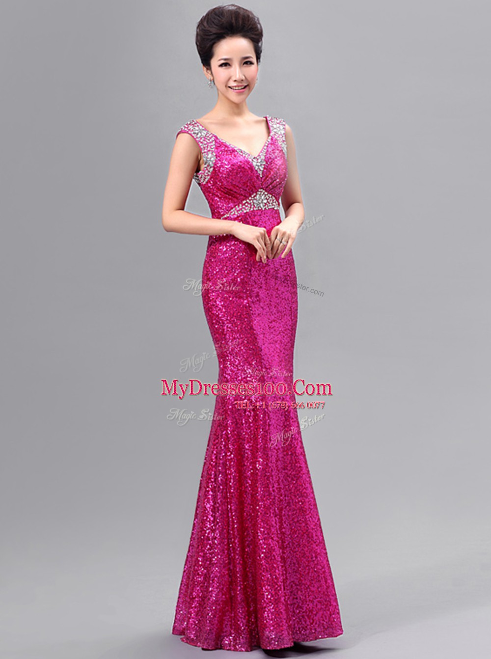 Noble Mermaid Floor Length Zipper Prom Evening Gown Fuchsia for Prom and Party with Sequins