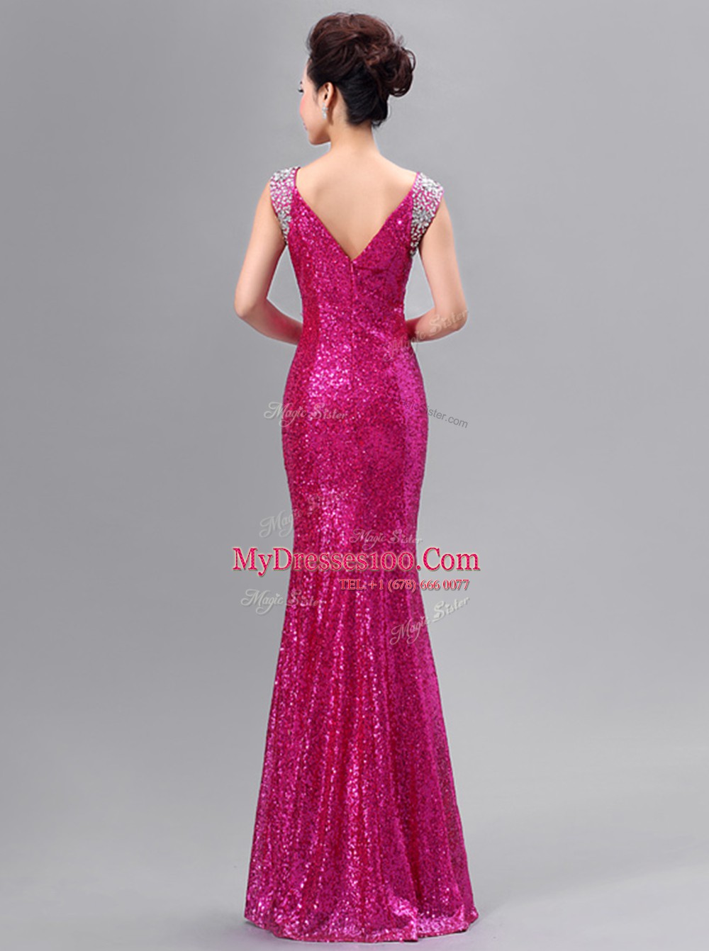 Noble Mermaid Floor Length Zipper Prom Evening Gown Fuchsia for Prom and Party with Sequins