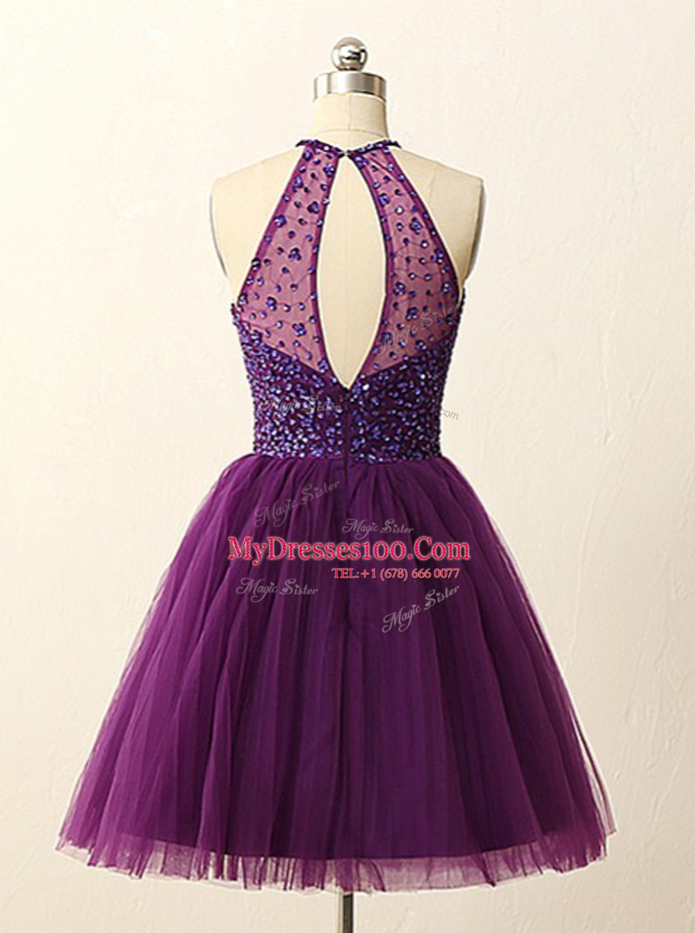 Glittering Purple Zipper Halter Top Beading and Sequins Homecoming Dress Tulle Sleeveless