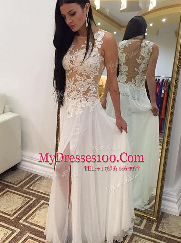 Custom Design Scoop Sleeveless Floor Length Appliques Zipper Prom Party Dress with White