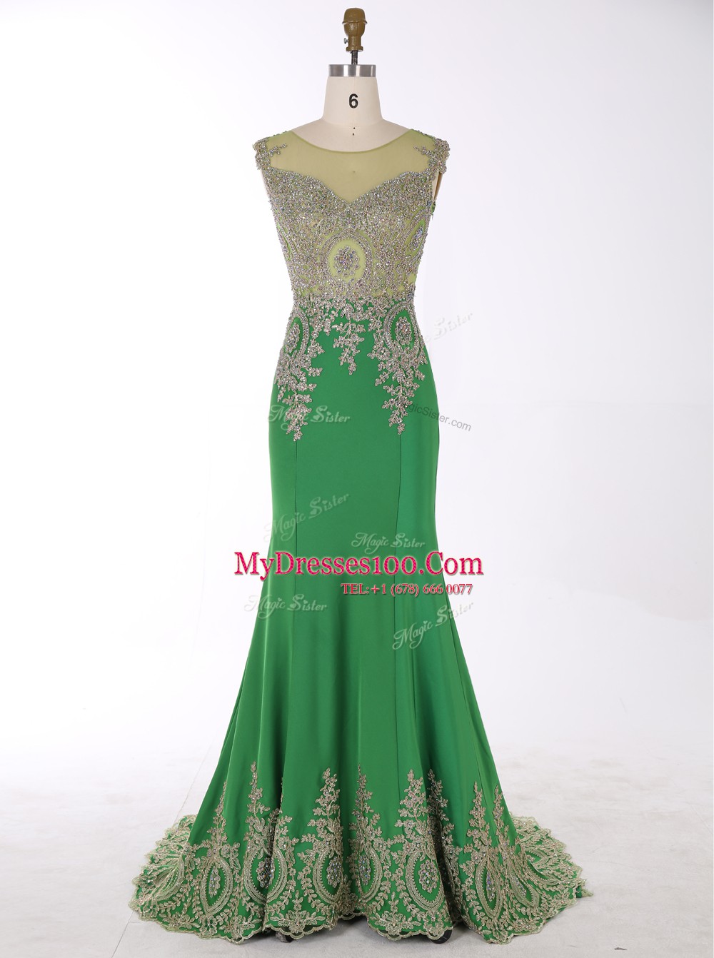 Unique Mermaid Scoop Beading and Appliques Dress for Prom Green Zipper Sleeveless Brush Train