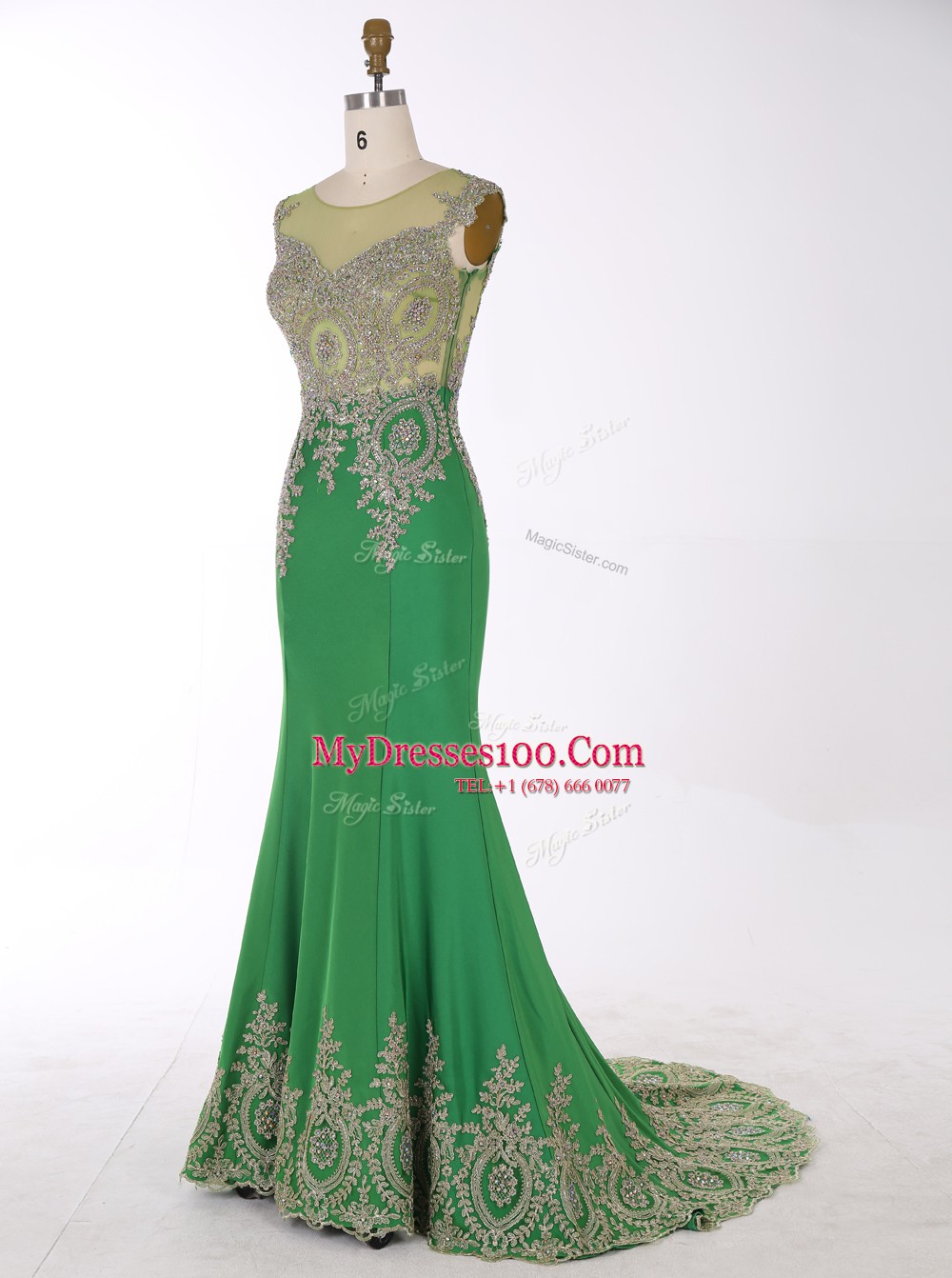 Unique Mermaid Scoop Beading and Appliques Dress for Prom Green Zipper Sleeveless Brush Train