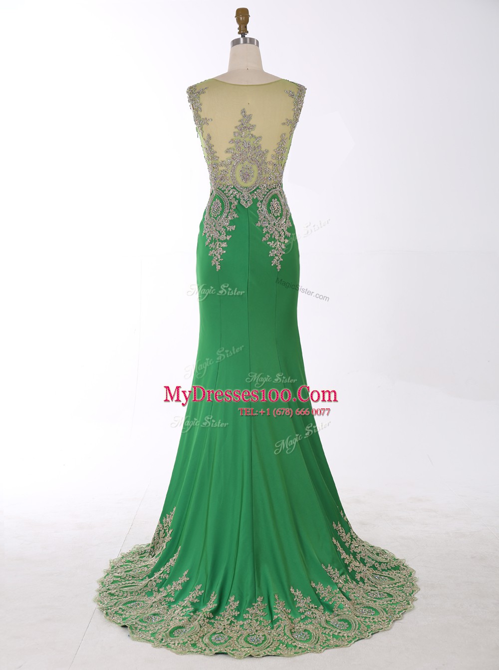 Unique Mermaid Scoop Beading and Appliques Dress for Prom Green Zipper Sleeveless Brush Train