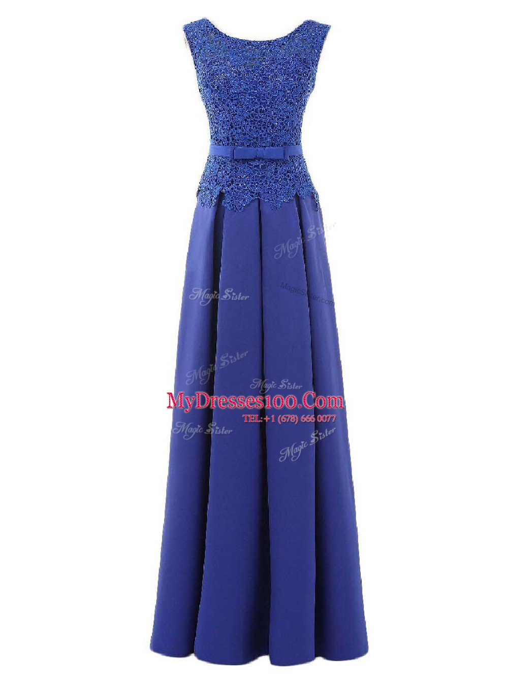 Scoop Blue Sleeveless Floor Length Lace and Belt Zipper Prom Party Dress