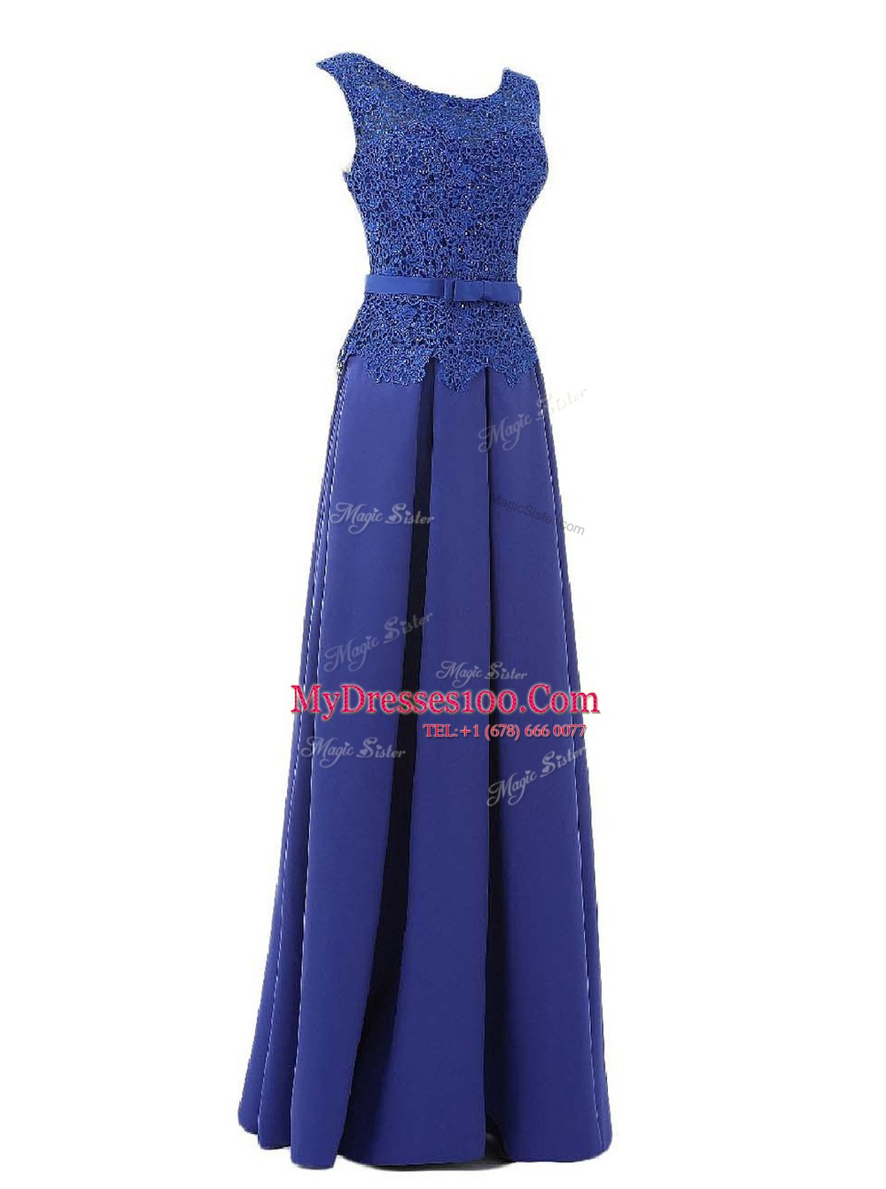 Scoop Blue Sleeveless Floor Length Lace and Belt Zipper Prom Party Dress