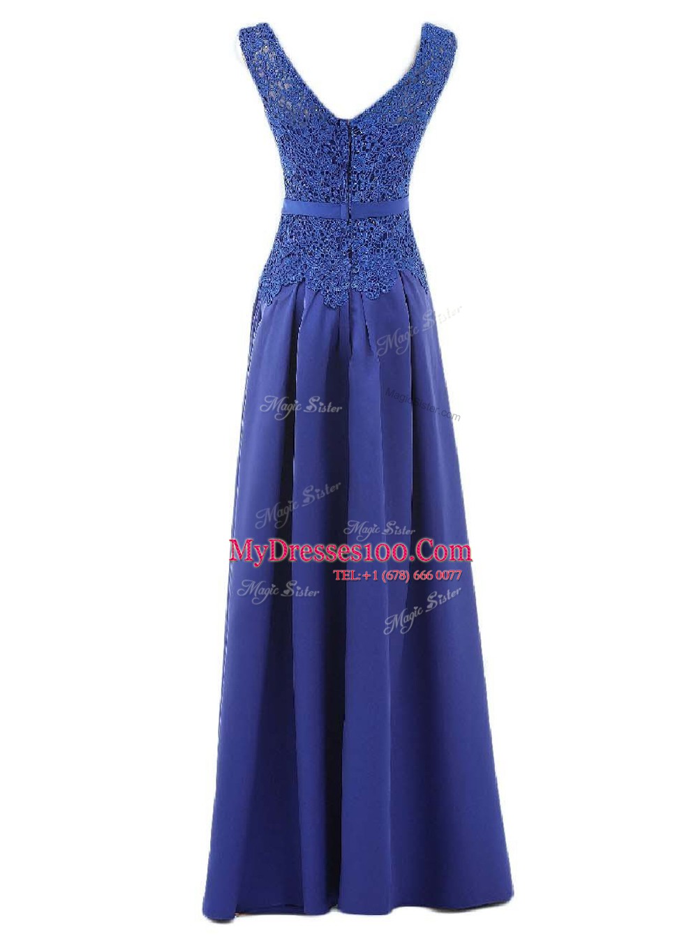 Scoop Blue Sleeveless Floor Length Lace and Belt Zipper Prom Party Dress