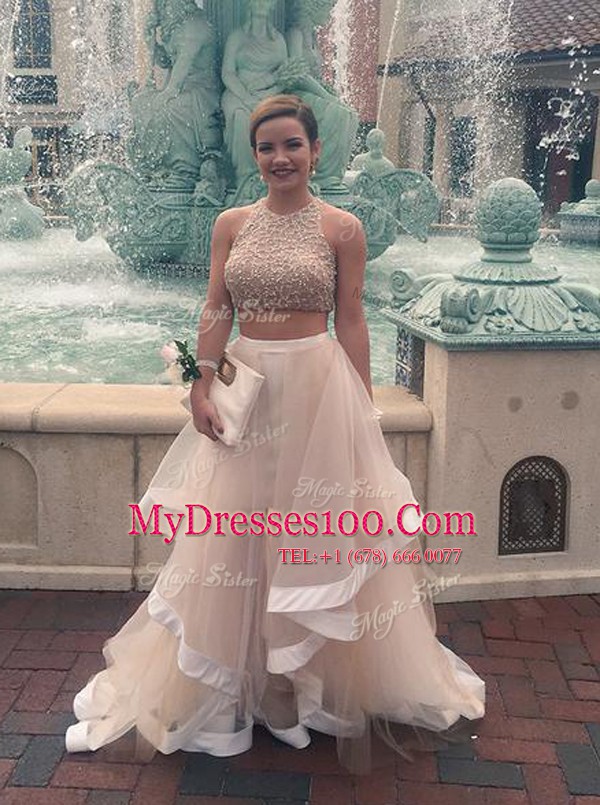 Deluxe Champagne Scoop Neckline Beading Ball Gown Prom Dress Sleeveless Zipper