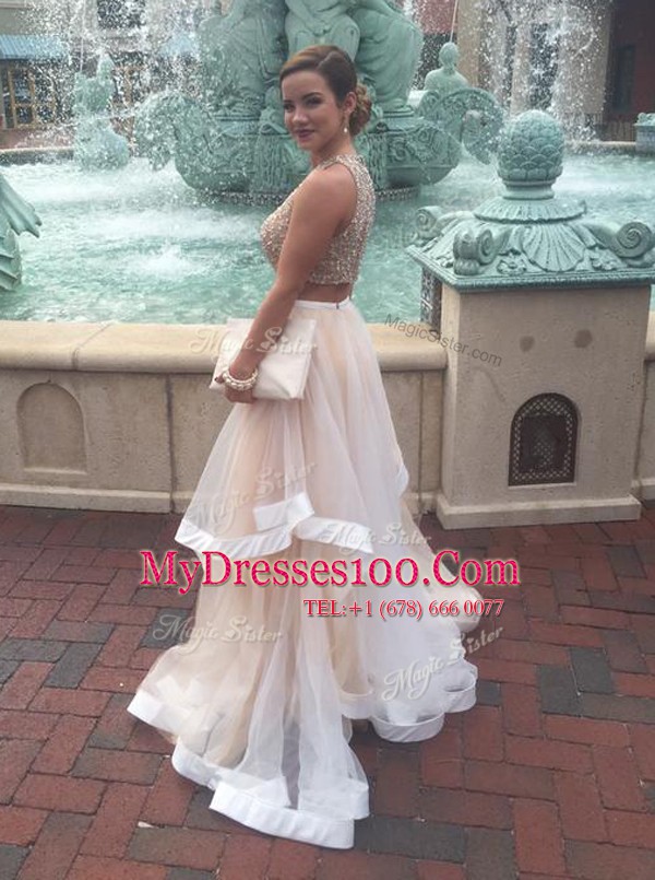 Deluxe Champagne Scoop Neckline Beading Ball Gown Prom Dress Sleeveless Zipper