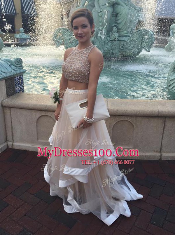 Deluxe Champagne Scoop Neckline Beading Ball Gown Prom Dress Sleeveless Zipper