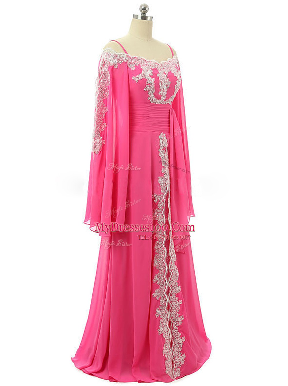 Trendy Spaghetti Straps Long Sleeves Evening Dresses Sweep Train Lace and Sequins Hot Pink Chiffon