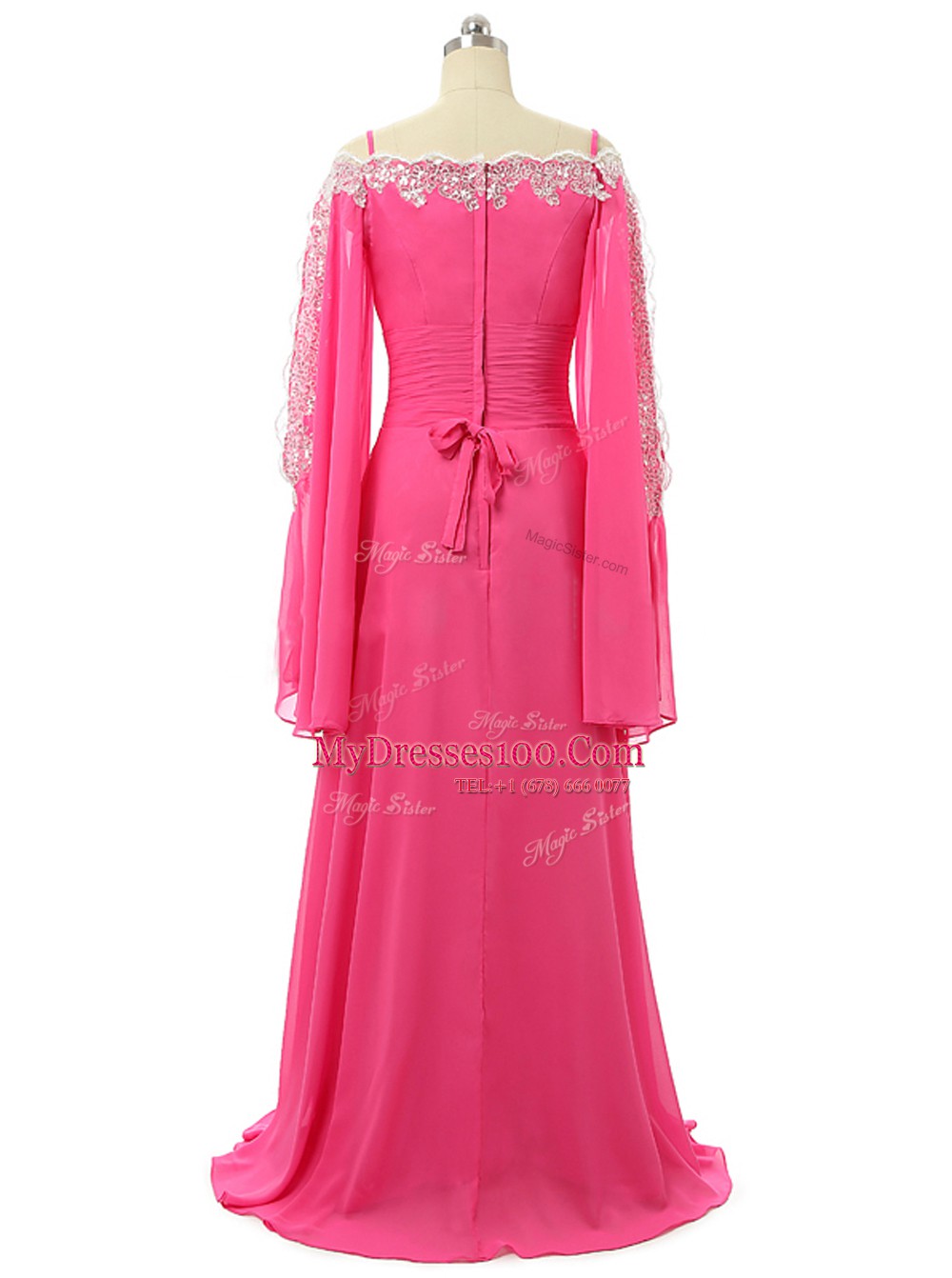 Trendy Spaghetti Straps Long Sleeves Evening Dresses Sweep Train Lace and Sequins Hot Pink Chiffon