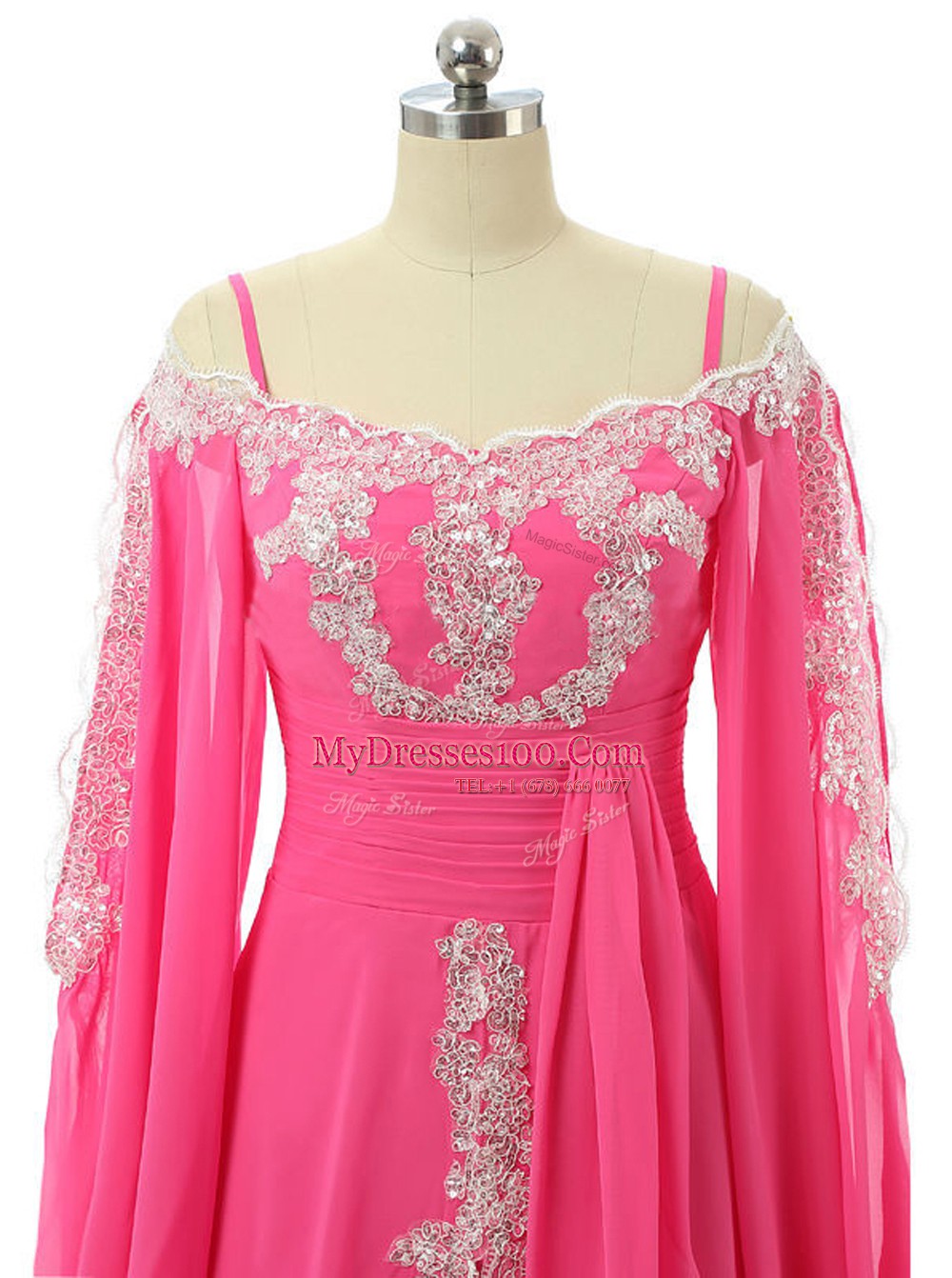 Trendy Spaghetti Straps Long Sleeves Evening Dresses Sweep Train Lace and Sequins Hot Pink Chiffon