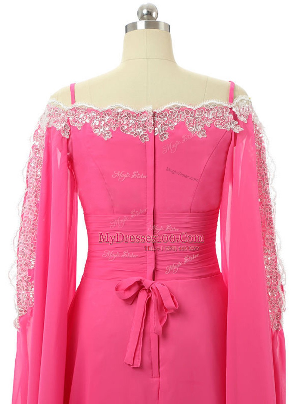 Trendy Spaghetti Straps Long Sleeves Evening Dresses Sweep Train Lace and Sequins Hot Pink Chiffon