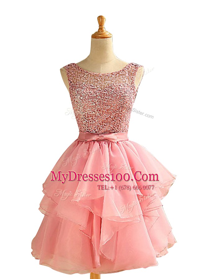 Delicate Pink Evening Outfits Prom and Party and For with Lace and Ruching Scoop Sleeveless Lace Up