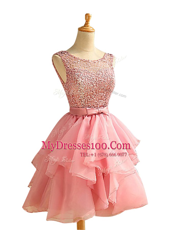 Delicate Pink Evening Outfits Prom and Party and For with Lace and Ruching Scoop Sleeveless Lace Up