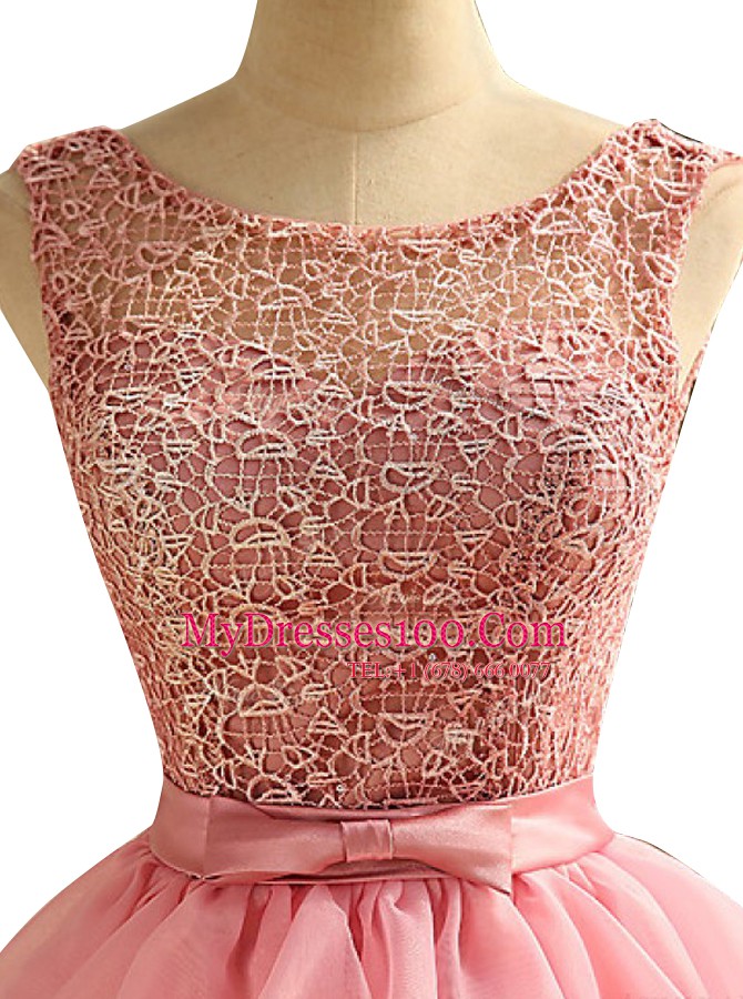 Delicate Pink Evening Outfits Prom and Party and For with Lace and Ruching Scoop Sleeveless Lace Up