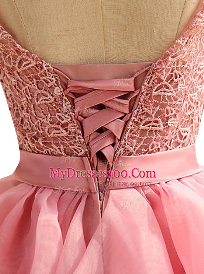 Delicate Pink Evening Outfits Prom and Party and For with Lace and Ruching Scoop Sleeveless Lace Up