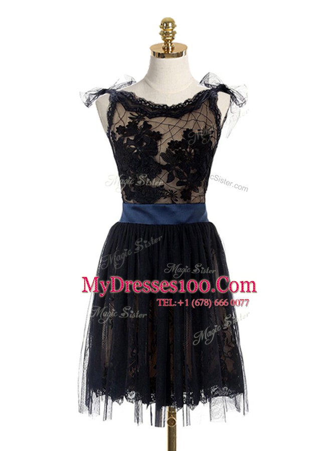 Scoop Sleeveless Lace Mini Length Backless Club Wear in Black with Lace and Belt
