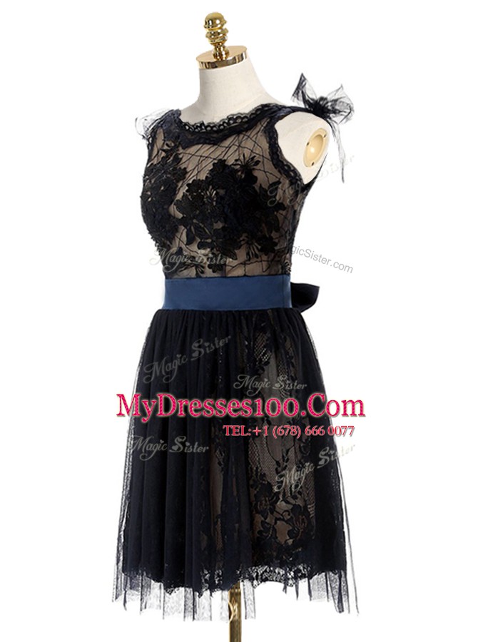 Scoop Sleeveless Lace Mini Length Backless Club Wear in Black with Lace and Belt