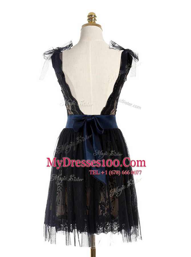 Scoop Sleeveless Lace Mini Length Backless Club Wear in Black with Lace and Belt